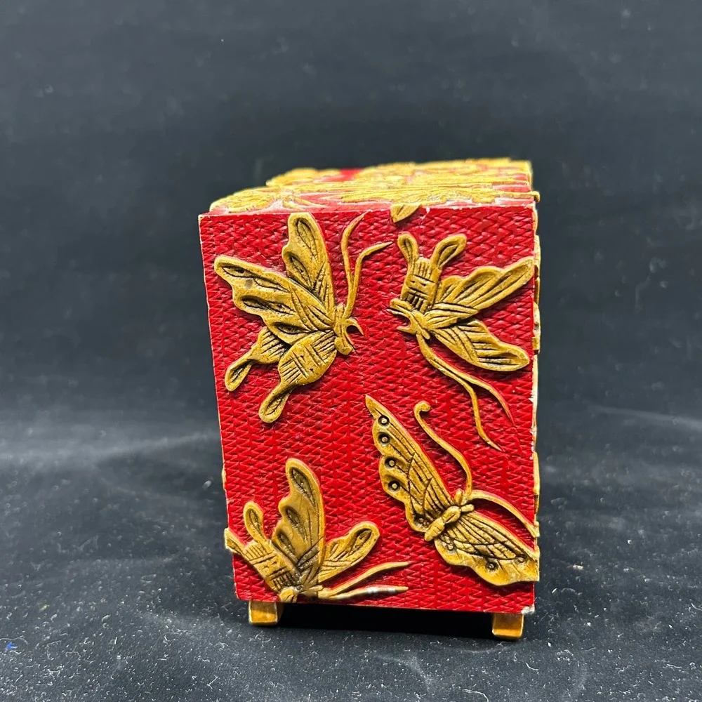 Carved Soapstone Vietnam Handmade Red Carved Butterfly Jewelry Drawer Box